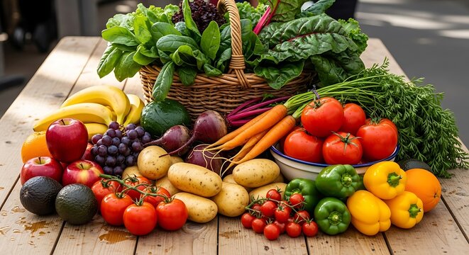 Abundant fresh organic produce displayed on a rustic wooden table