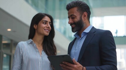 indian manager holding digital tablet having discussion with latin employee meeting in office lobby two diverse professionals talking using pad discussing project strategy checking corporate plan no 