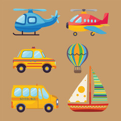 Vibrant Kids Transportation Icons Featuring Helicopter Airplane and More