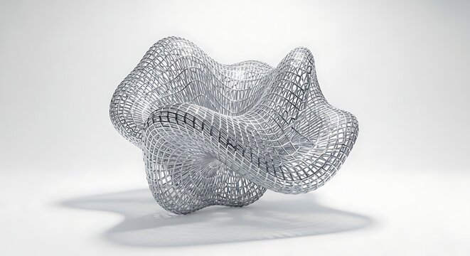 Abstract 3d render of a complex, intricate metallic mesh structure with a silver sheen