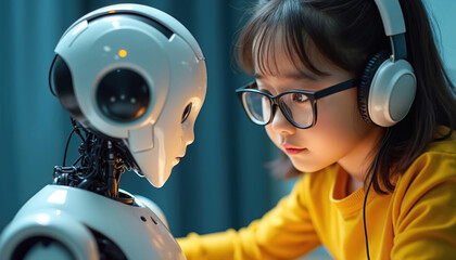 Asian girl with glasses interacts with a robot. Child wears headphones looks at the AI machine learning interface. Futuristic tech, learning, studying, education concept.
