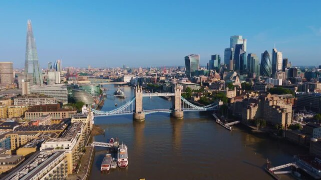 London Skyline Aerial Cityscape Flythrough Over River Thames Towards Tower Bridge