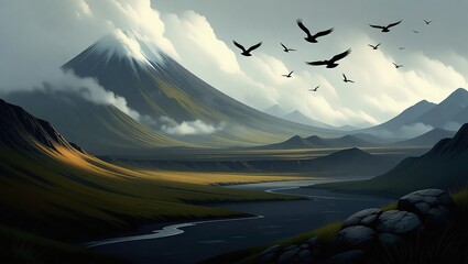 Majestic Mountain Landscape with Flying Birds and Serene Valley.
