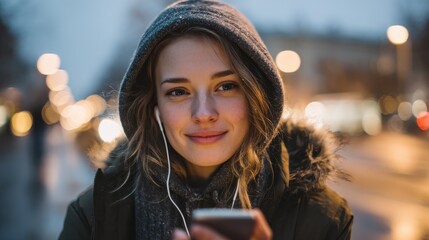 young beautiful woman using mobile phone at dusk in the city while listening music through earphones happy woman using smartphone to do a video call on a winter day while looking at camera no logos n