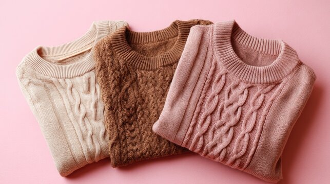 Three soft sweaters in light beige, brown, and blush pink arranged neatly on a pink surface create a cozy autumn or winter vibe
