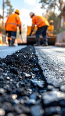 Road workers laying asphalt