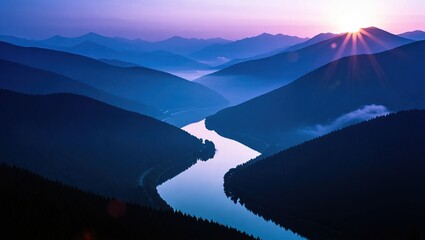 Majestic mountain landscape with winding river at dawn.