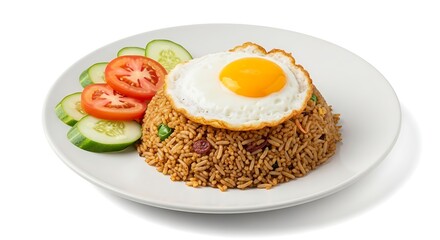 A visually appetizing plate of fried rice, topped with a fried egg and fresh vegetables.