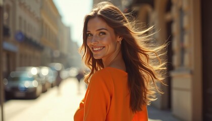 Fototapeta premium Young woman in orange top walks on city street looking back and smiling. Her hair blows in wind. Sunlight brightens scene. She looks happy and playful outdoors.