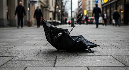 Abandoned black umbrella on pavement with silhouetted people