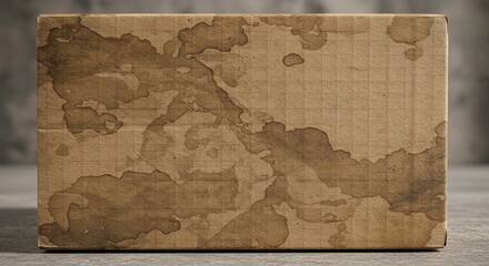 A stained cardboard box with wet marks on gray background