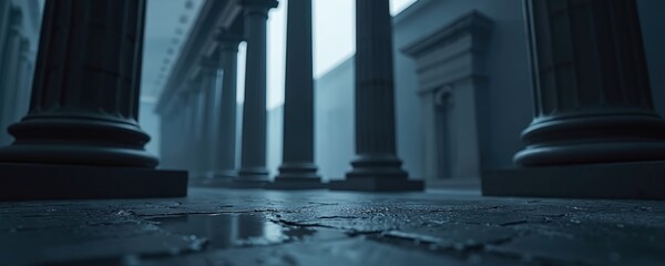 Naklejka na ściany i meble Dark tone photo of marble columns row. Stone floor reflects building exterior with pillars. Cold building architecture interior provides feeling of stability, justice, reliability. Background works Naklejka na ściany i meble Dark tone photo of marble columns row. Stone floor reflects building exterior with pillars. Cold building architecture interior provides feeling of stability, justice, reliability. Background works