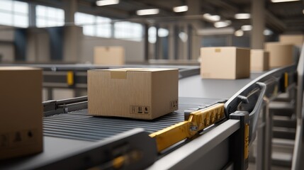 Packages are moving along a conveyor belt in a busy warehouse, indicating ongoing shipping and logistics activities