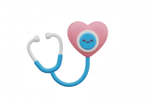 Pink heart stethoscope with happy face isolated on a transparent background