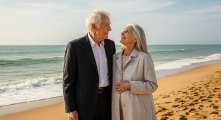 Cherished Moments on the Shore: A tender moment shared by an elderly couple, their eyes locked in a gaze of enduring love and companionship, as they stroll along the sun-kissed beach.