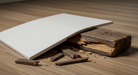 Abstract composition of white sheet and weathered wood blocks on wooden surface