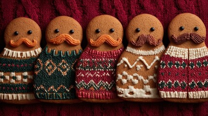 funny gingerbread cookies wearing ugly holiday sweaters and eyes and a mustache no logos no brands ar 169