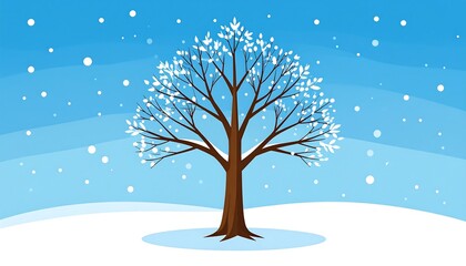 A simple, colorful illustration portrays a leafless tree covered with snow against a blue sky and a snow-covered ground during a winter scene