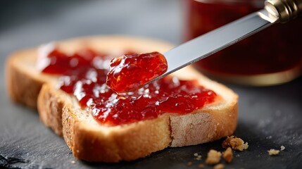  a knife spreading a thick layer of red strawberry jam  on a slice of toast.