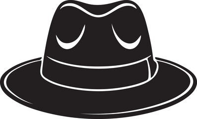 Black Fedora Hat Silhouette with White Outline Detail on White Background vector illustration
