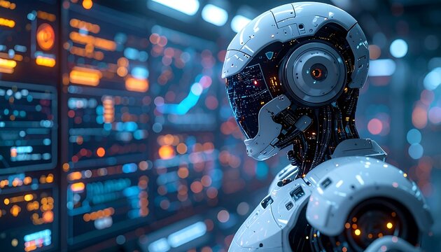A sleek, futuristic humanoid robot observes a complex display panel illuminated with data visualizations and orange tones. Wires connect the robot's components - Powered by Adobe