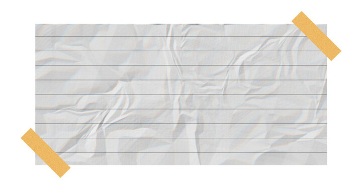 Crumpled lined paper with golden tape isolated on transparent background