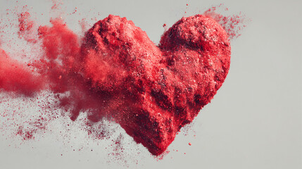 A red heart isolated on a minimal background with an explosion effect symbolizing intense emotion passion and vulnerability representing love breaking open with powerful energy and expression
