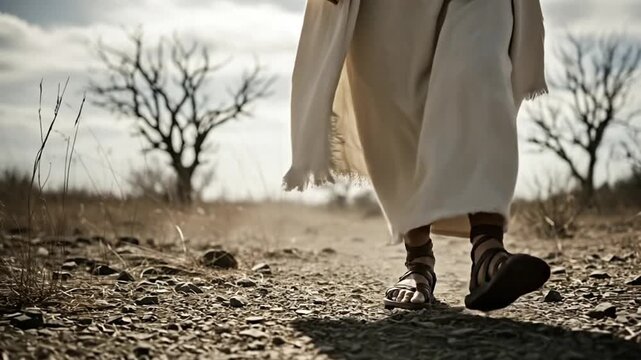 Jesus walking on a dusty path in a barren landscape