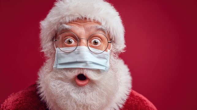 close up portrait of funny old bearded surprised santa claus wearing costume glasses face mask looking at camera standing on christmas red background covid 19 coronavirus safety protection concept no - Powered by Adobe