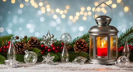 Christmas decorations with lantern and pine cones on snowy surface