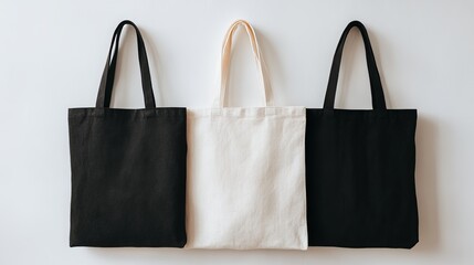 Black and white reusable cotton tote bags with simple handles stand out against a white backdrop. A zero-waste lifestyle is embraced with this sustainable, eco-friendly design