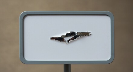 Abstract white sign with geometric shape cutout on a neutral background