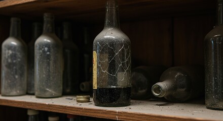 Aged wine bottles on wooden shelf vintage collection and still life