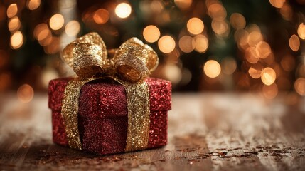 small red xmas present package with golden glitter bow on floor under merry christmas tree bokeh festive background giftbox as holiday shopping store sale happy new year eve season gift box concept n