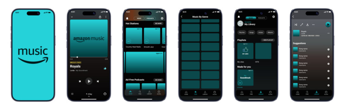 Amazon Music streaming app UI mockup template featuring home, library, playlists, and music player screens for modern audio interface design