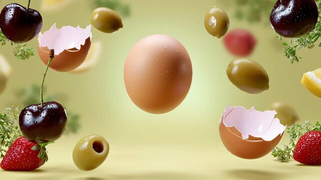 Floating egg surrounded by vibrant fruits and broken shells, showcasing a dynamic motion sequence with gradual zoom in, emphasizing the colorful arrangement and lively atmosphere of the scene