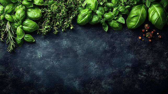 Fresh herbs and spices overhead photography dark background culinary food ingredients