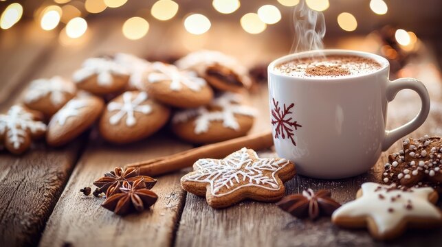 White mug with a snowflake design sits on a wooden table - Powered by Adobe