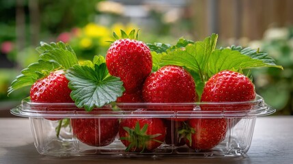Fresh strawberries in clear container surrounded by greenery for healthy snack presentation
