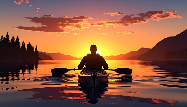 Silhouette of a kayaker paddling on calm water at sunset