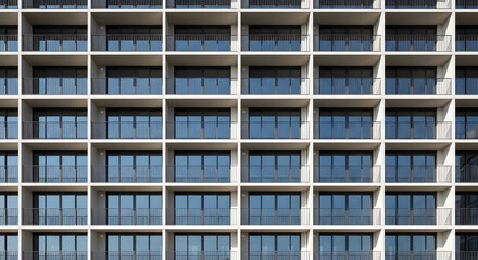 Modern building facade with repeating geometric pattern of windows and balconies