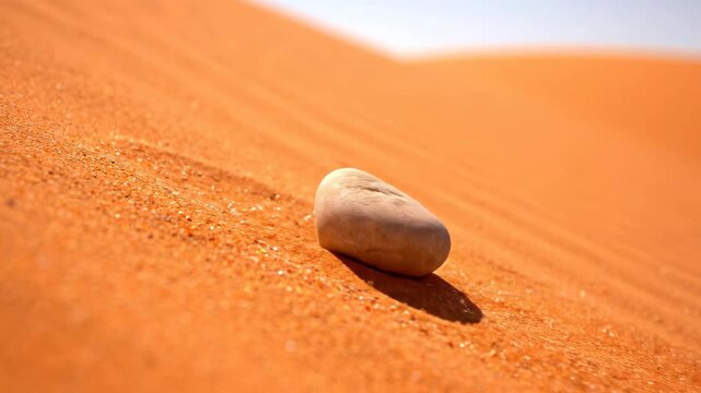 A small, smooth desert pebble tumbles slowly down a steep sand dune, displacing fine grains movement, warm colors, dry