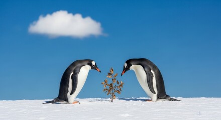 Obraz premium Penguins Observing Small Tree in Snowy Landscape