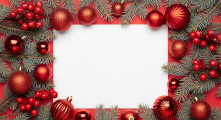 Festive Christmas Frame with Red Ornaments and Pine