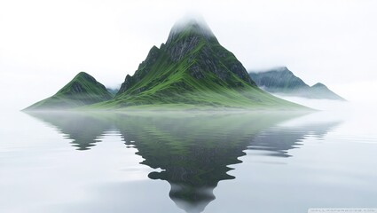 Misty Mountains Reflected in Calm Water.
