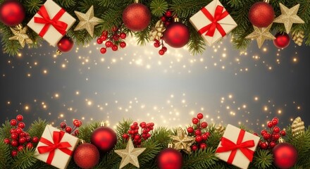 Festive Christmas Border with Gifts and Ornaments