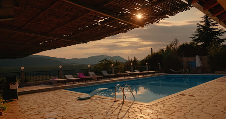 Serene pool deck peopleless in montanious area. Contemporary house with pool in private place.