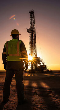 Oil field worker inspecting drilling rig at sunset

Engineer overseeing petroleum extraction at industrial site

Oil industry operator monitoring rig during golden hour