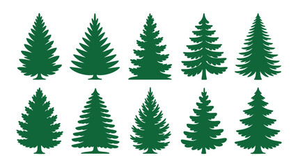 Obraz premium Collection of ten green pine trees diverse styles simple elegant nature design elements
