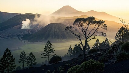 Misty Volcanic Landscape with Trees at Sunrise.